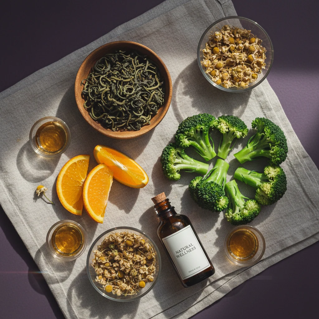 Natural wellness ingredients including green tea leaves, orange slices for vitamin C and botanical extracts used in Slim Coffee Booster